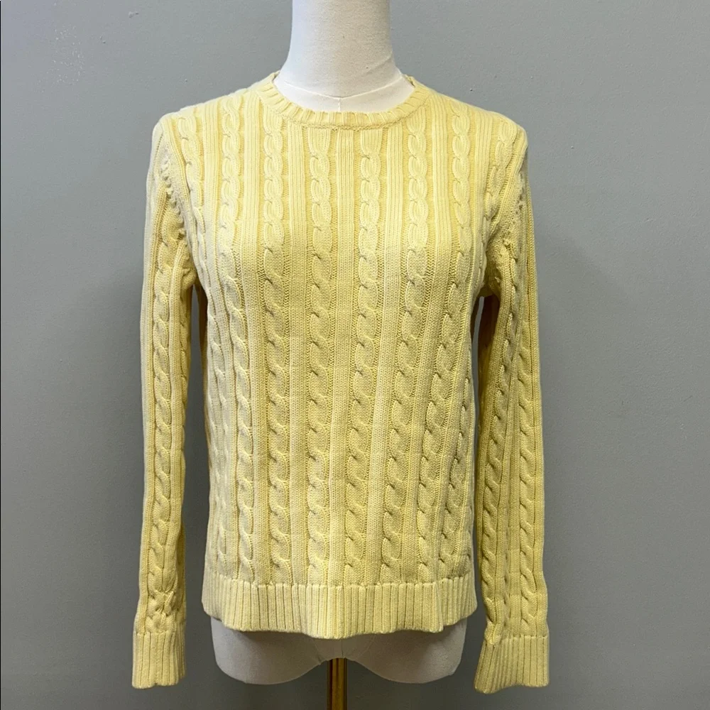 L.L.Bean Cable Knit Crewneck Sweater Yellow Cotton‎ Size Small Preppy Cottage